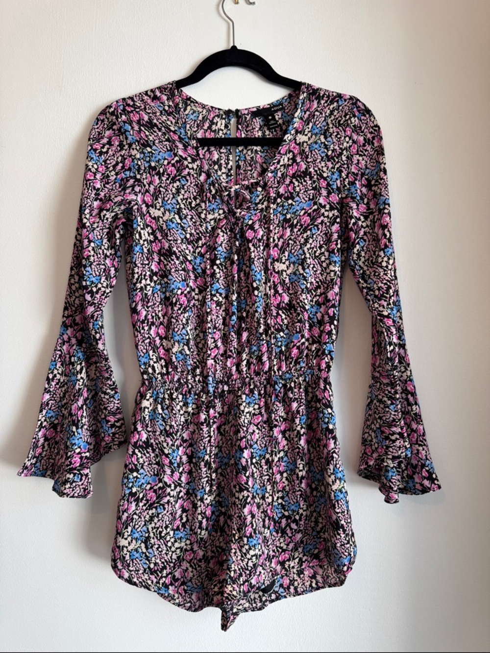 Aqua Black Floral Tie-Neck Romper with Pink & Blue Accents